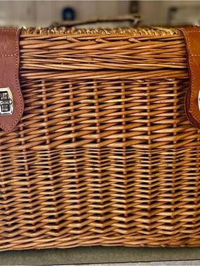 Vintage Woven Rattan Picnic Basket with leather straps